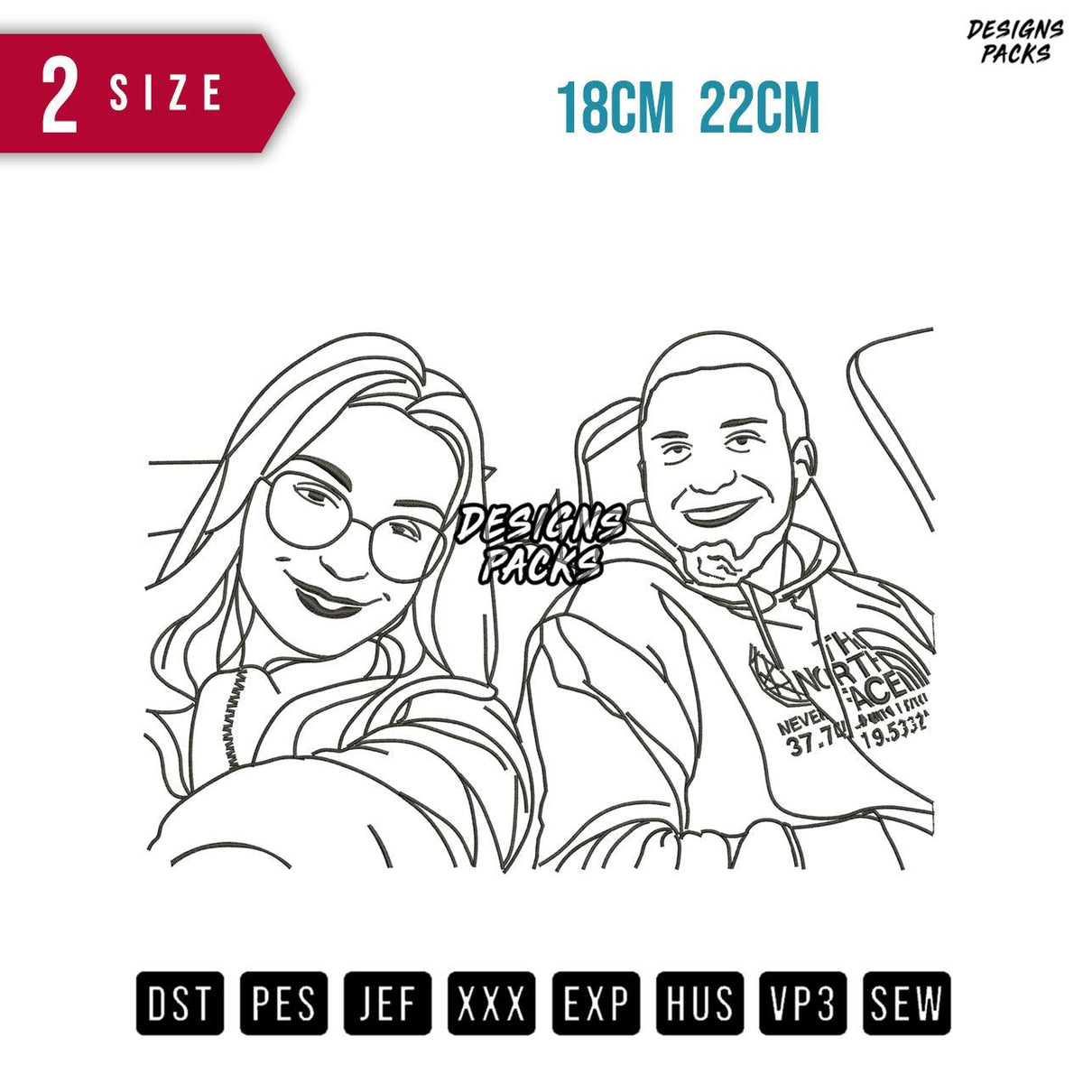 Couple Line Art Smiles Embroidery Design