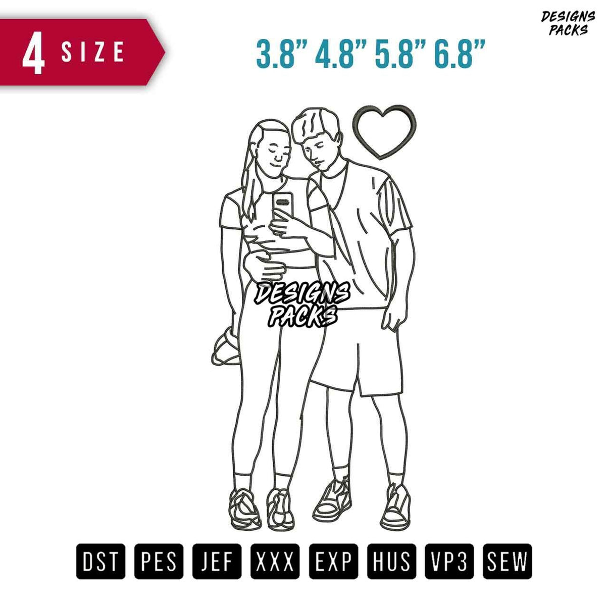 Couple Selfie Line Art Embroidery Design