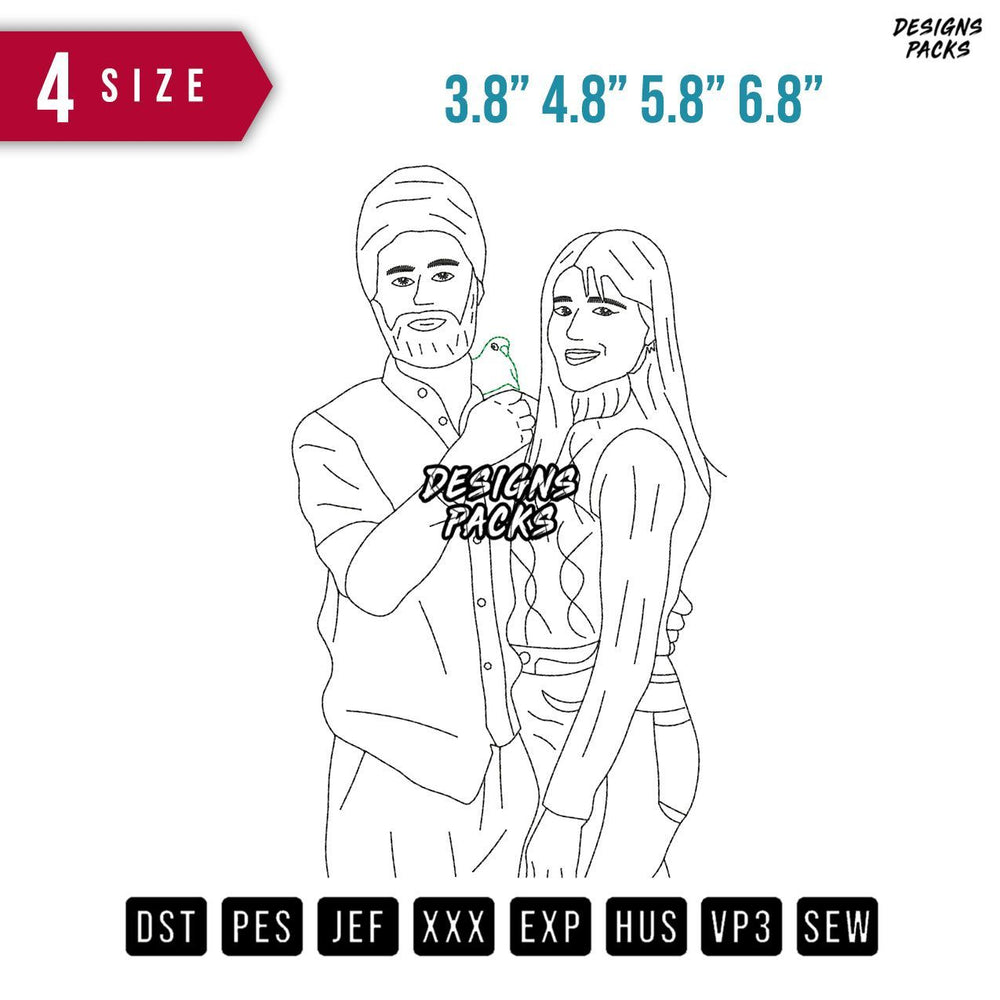 Couple With Pigeon Embroidery Design