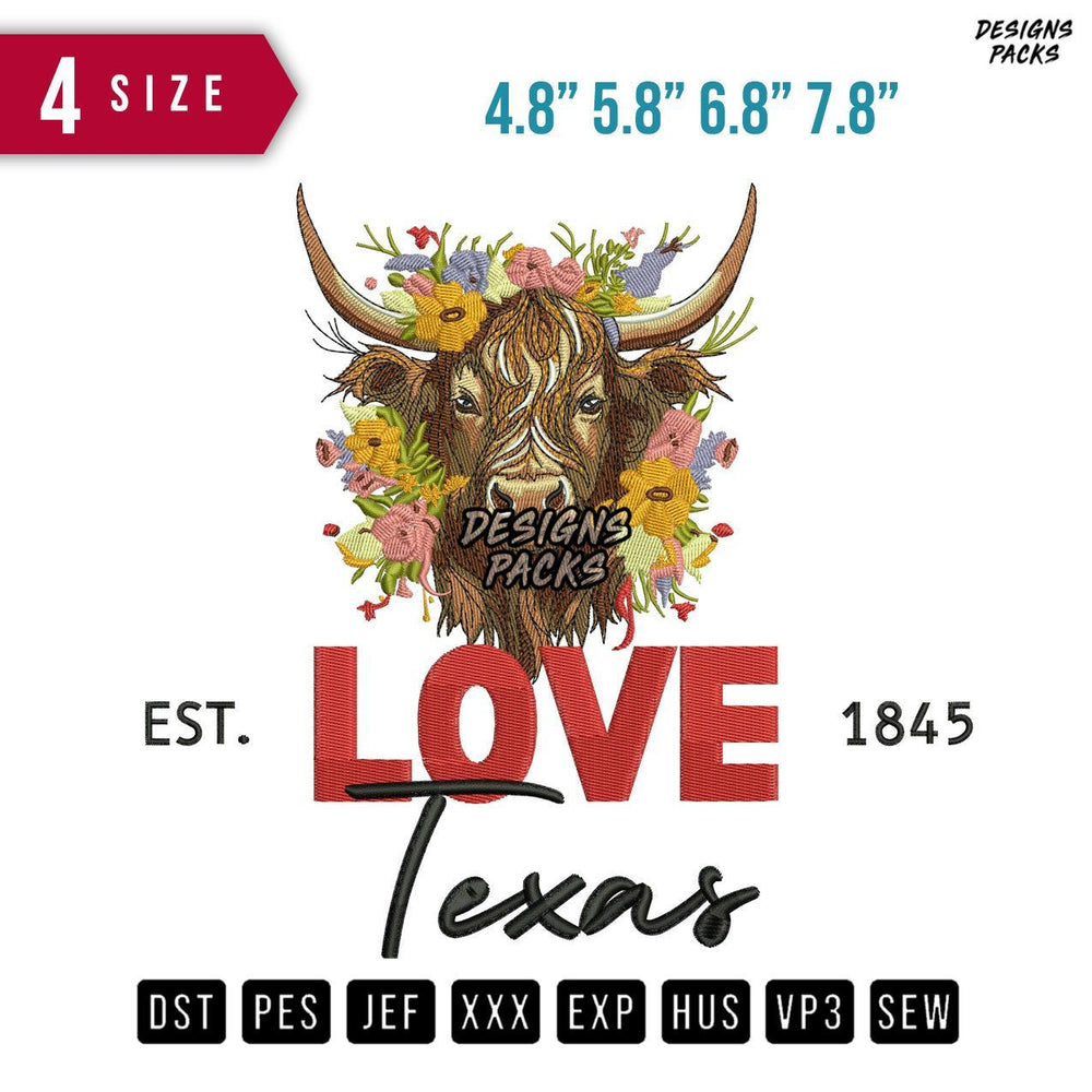 Cow Love Texas Embroidery Design
