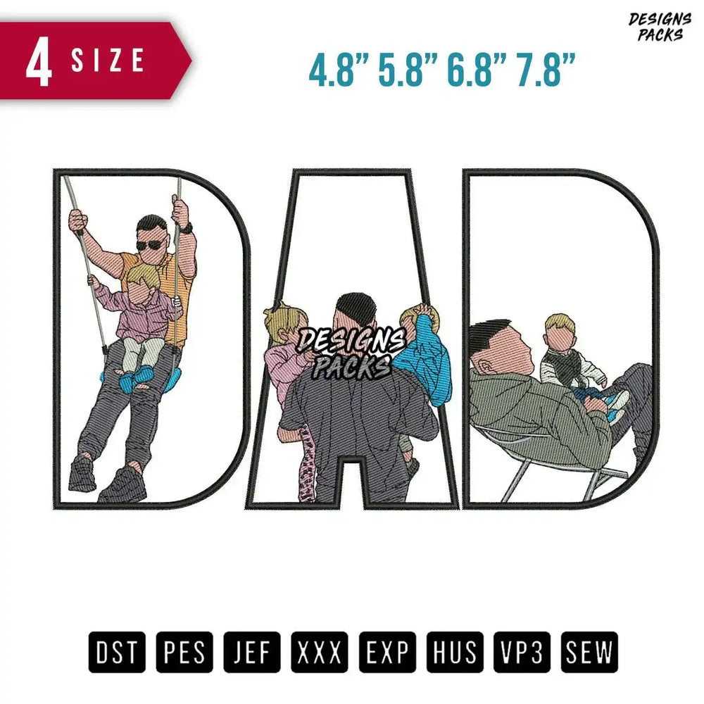 DAD Playing Children Embroidery Design