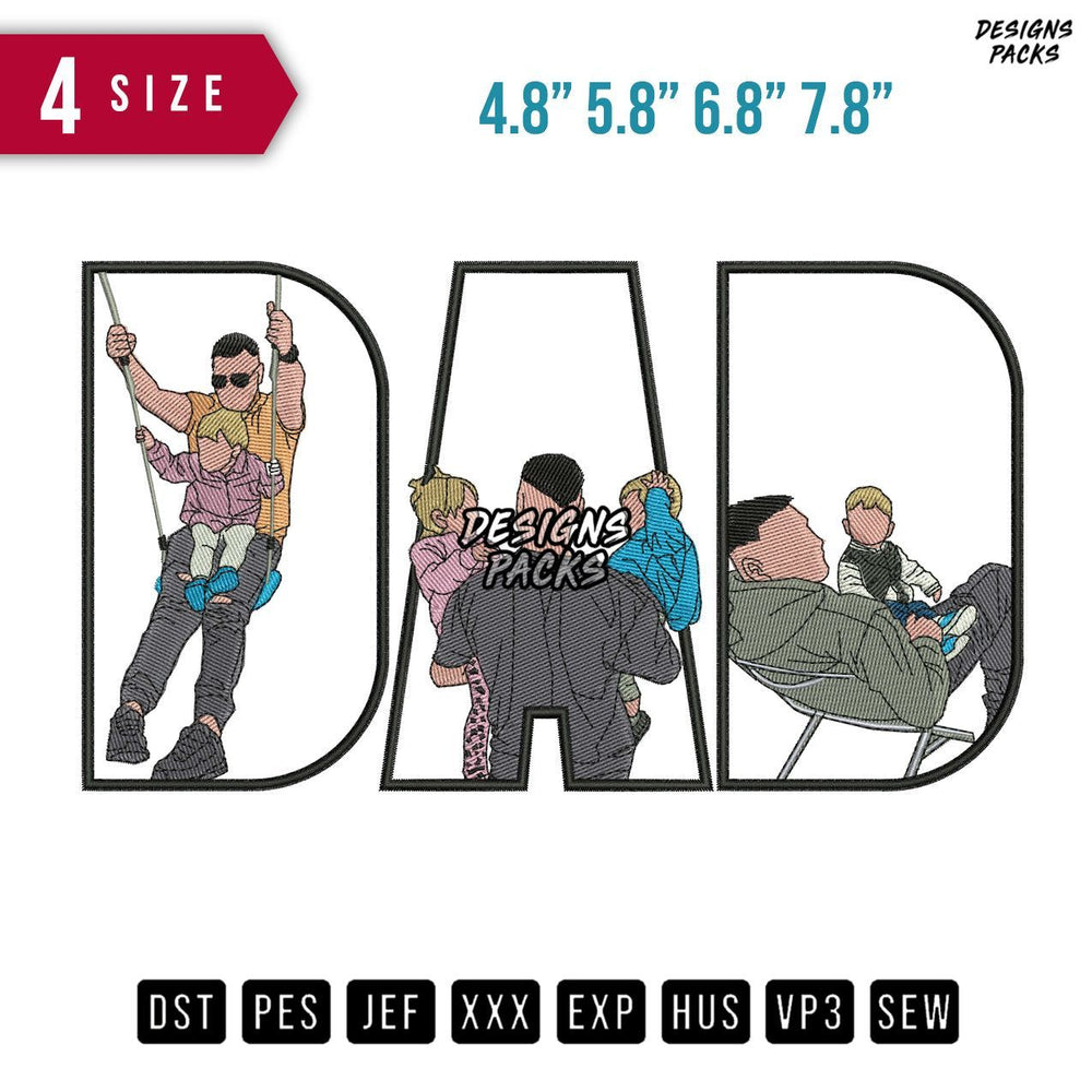 DAD Playing Children Embroidery Design