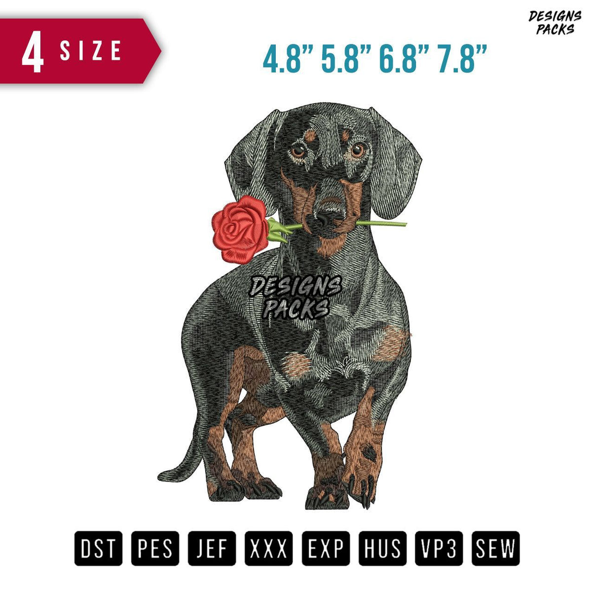 Dachshund With Rose Embroidery Design