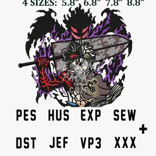 Embroidery design with fiery demon, sword, and purple flames in PES, HUS, EXP, SEW, DST, JEF, VP3 formats
