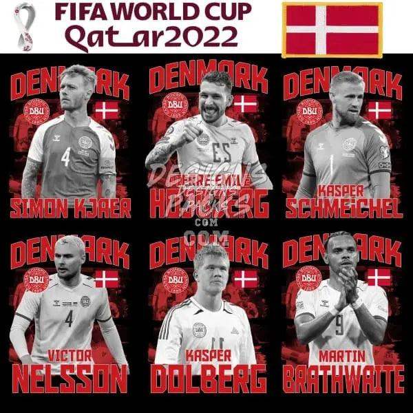 Denmark FIFA World Cup Qatar 2022 soccer players in team jerseys with national flag