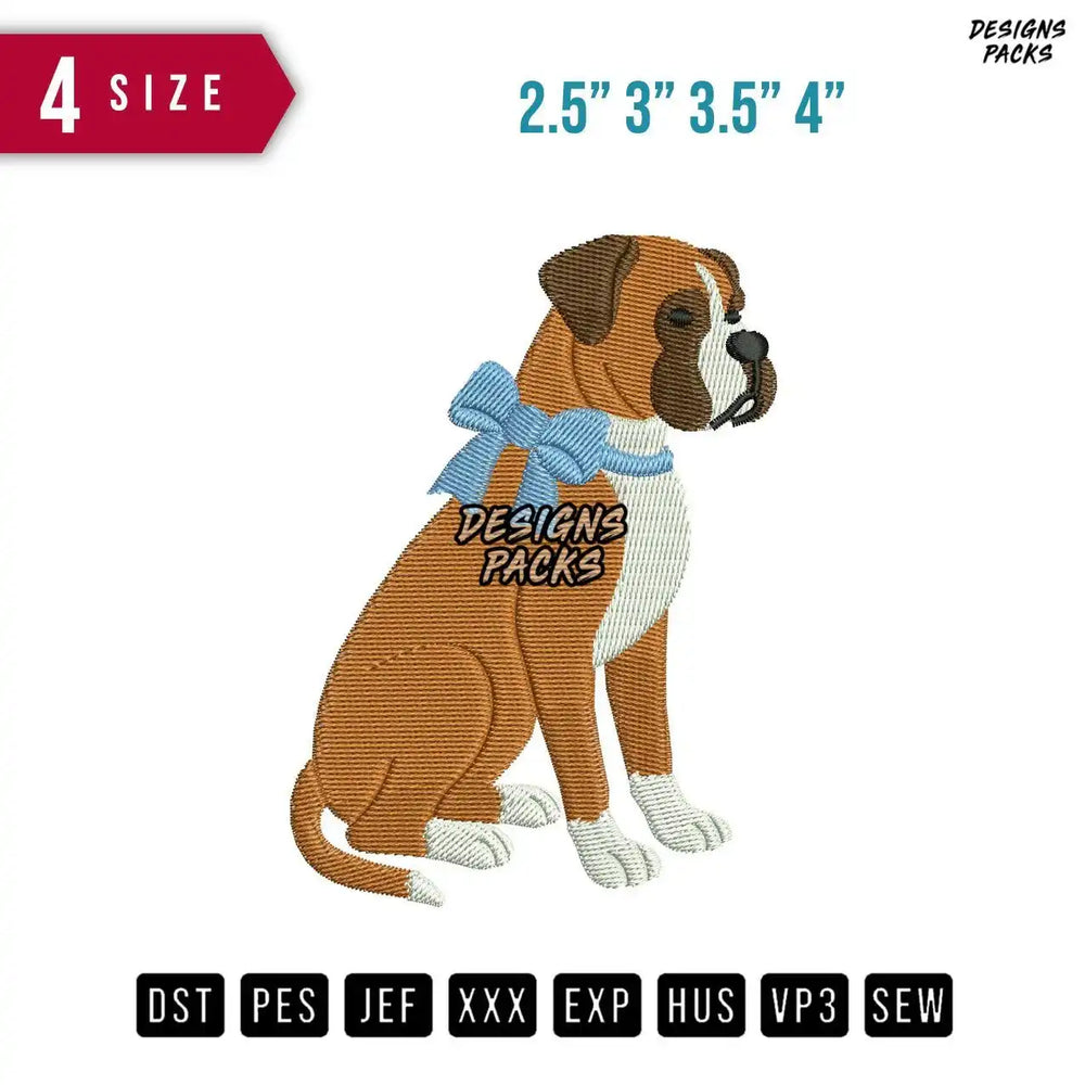 Dog Bokser Ribbon Blue Embroidery Design