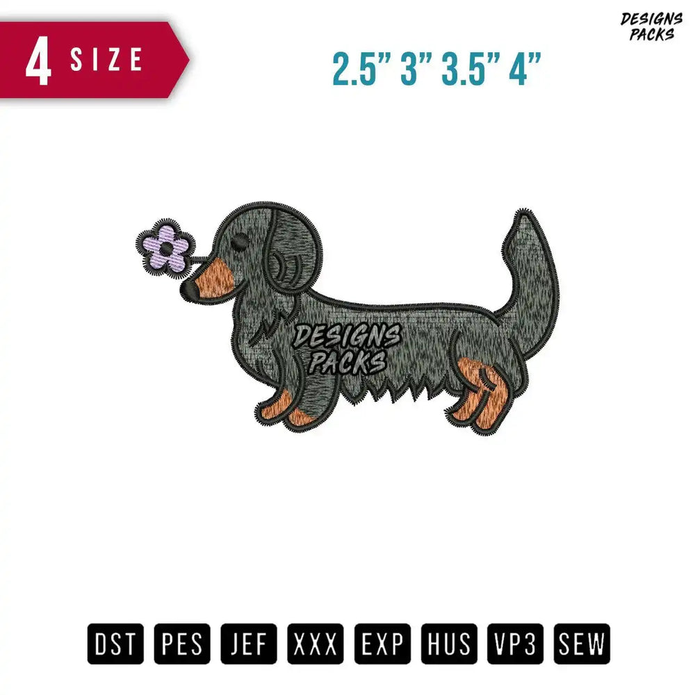 Dog Dachshund Flower Embroidery Design