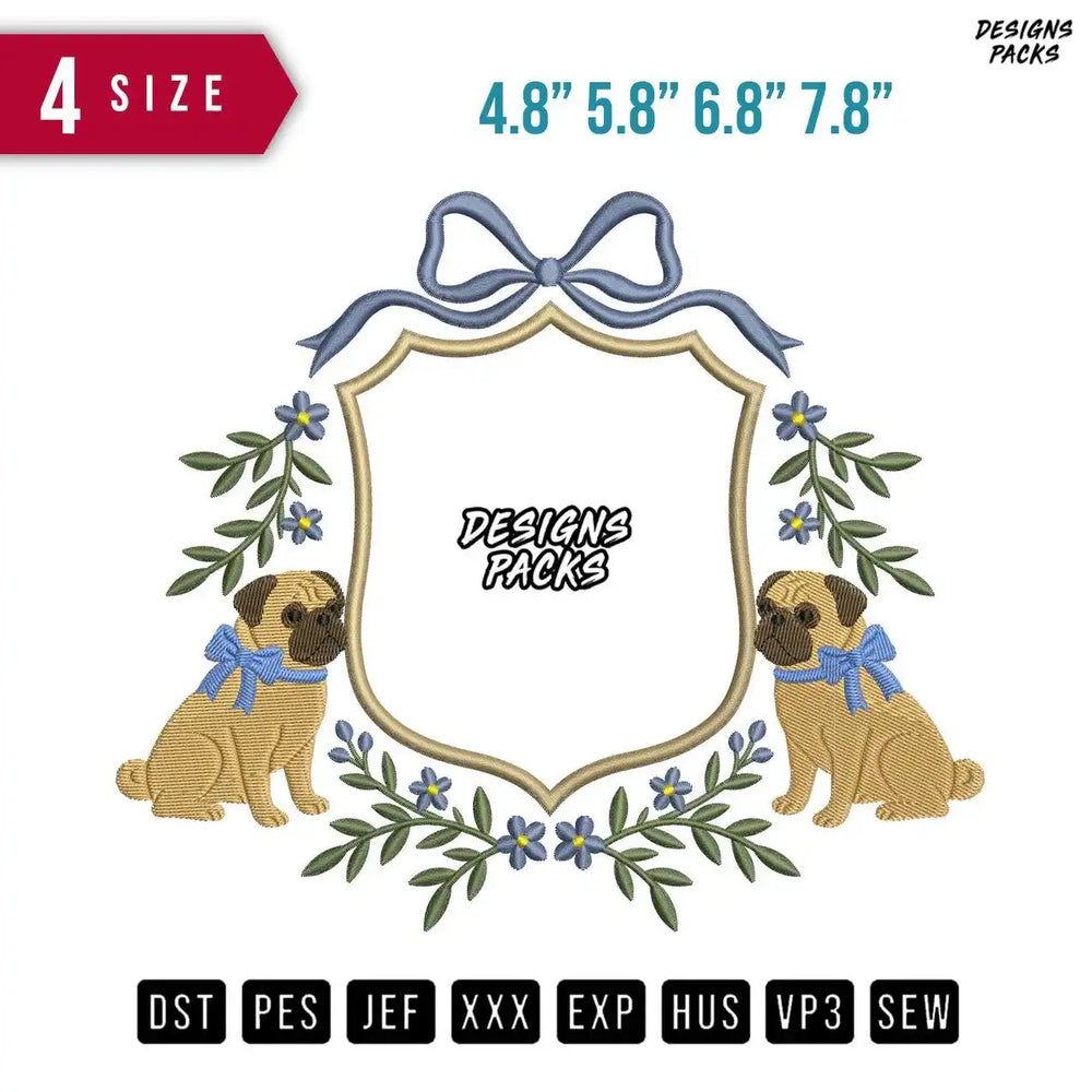 Dog Ribbon Flower Blue Embroidery Design