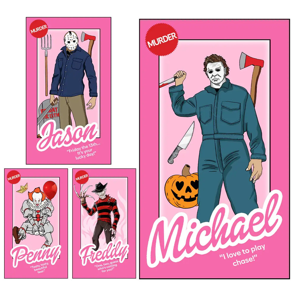 Halloween horror character designs: Jason, Michael, Penny, Freddy — print-ready PNG/SVG for DTF/DTG