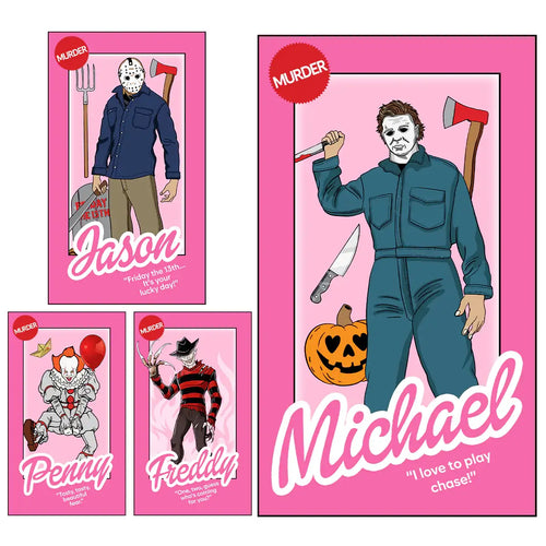 Halloween horror character designs: Jason, Michael, Penny, Freddy — print-ready PNG/SVG for DTF/DTG