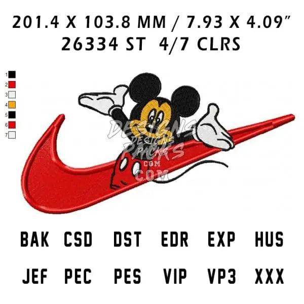 Mickey Mouse riding red Nike swoosh, embroidery design with 4/7 colors, print-ready formats