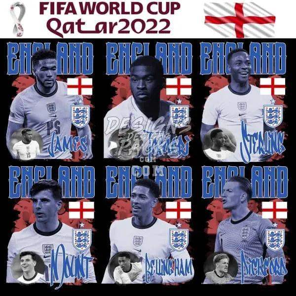 England FIFA World Cup Qatar 2022 soccer players in team jerseys with flags and names