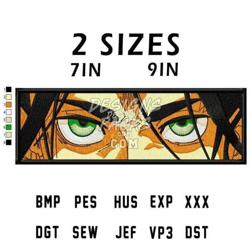 Anime green eyes embroidery design with 2 sizes, 7in and 9in, available in multiple file formats