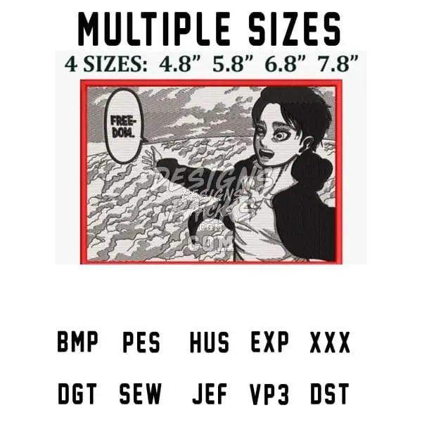 Anime-style embroidery design with 'Freedom' text, available in multiple sizes and formats