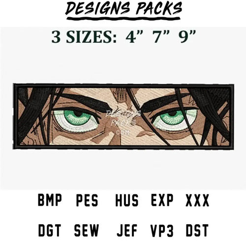 Embroidery design with green eyes, available in 3 sizes, compatible with PES, DST, and other formats