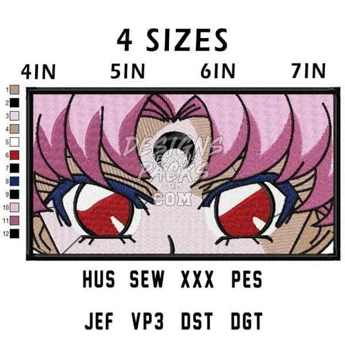 Anime-style embroidery design with pink hair & red eyes, available in 4 sizes & multiple formats (PES, DST, JEF)