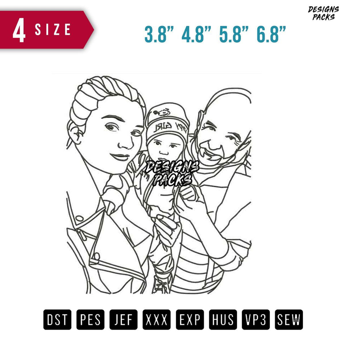 Family Line Art Embroidery Design