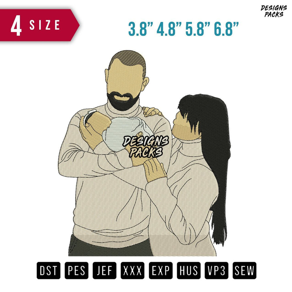 Father Mother Baby Embroidery Design