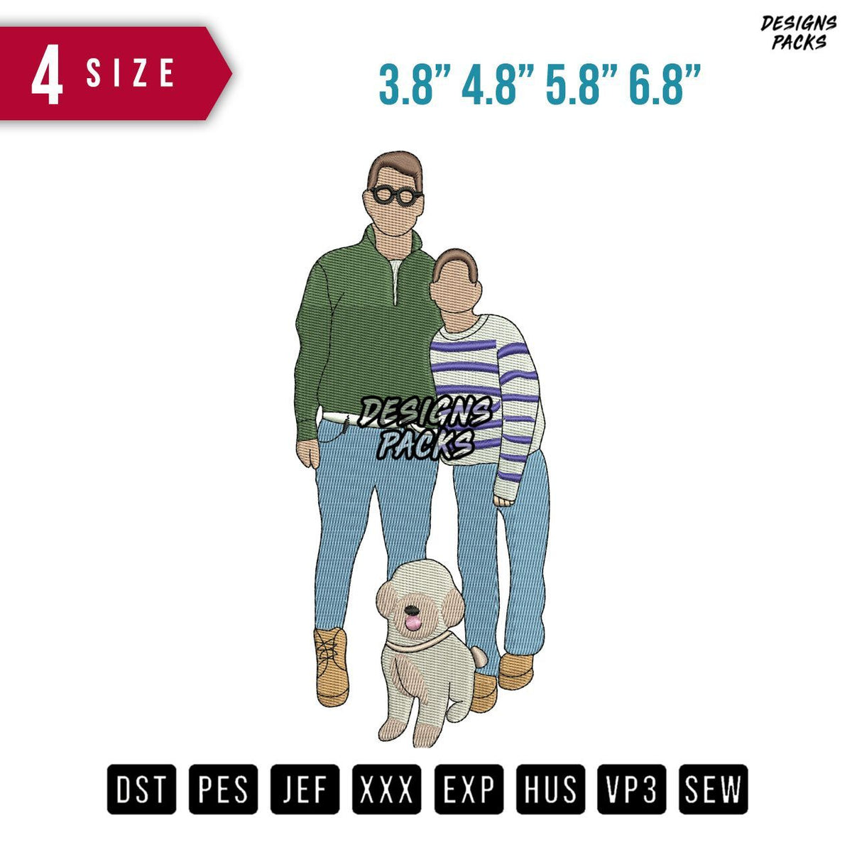 Father Son And Dog Embroidery Design