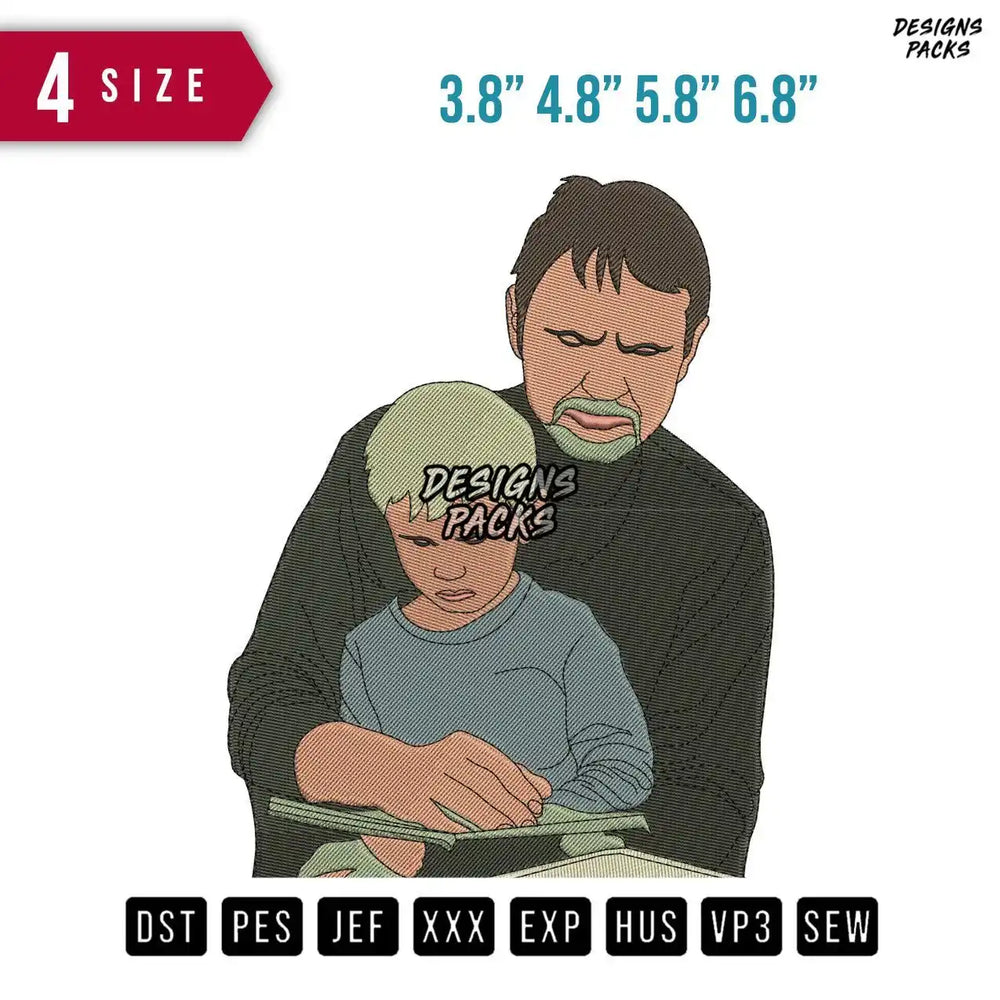 Father Son Reading Embroidery Design