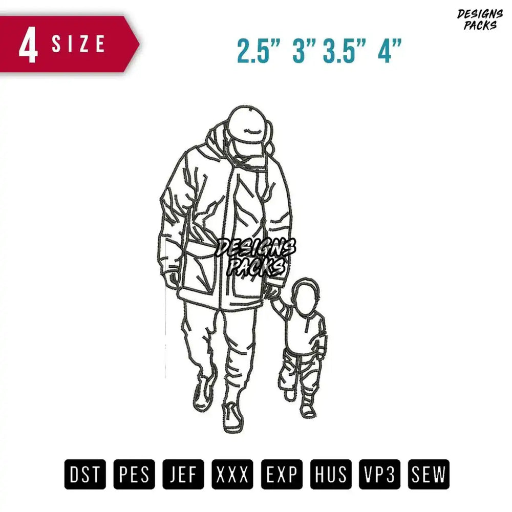 Father Son Walk Line art Embroidery Design