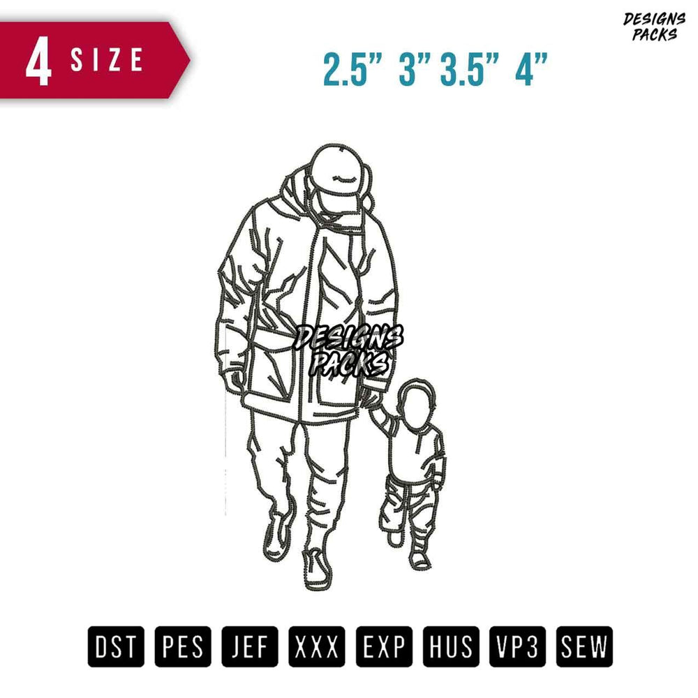Father Son Walk Line art Embroidery Design