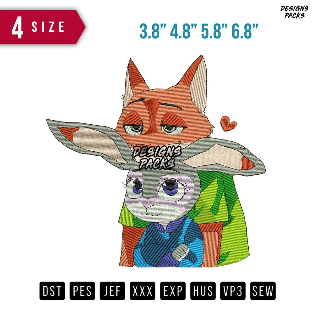 Fox And Rabbit Love Embroidery Design