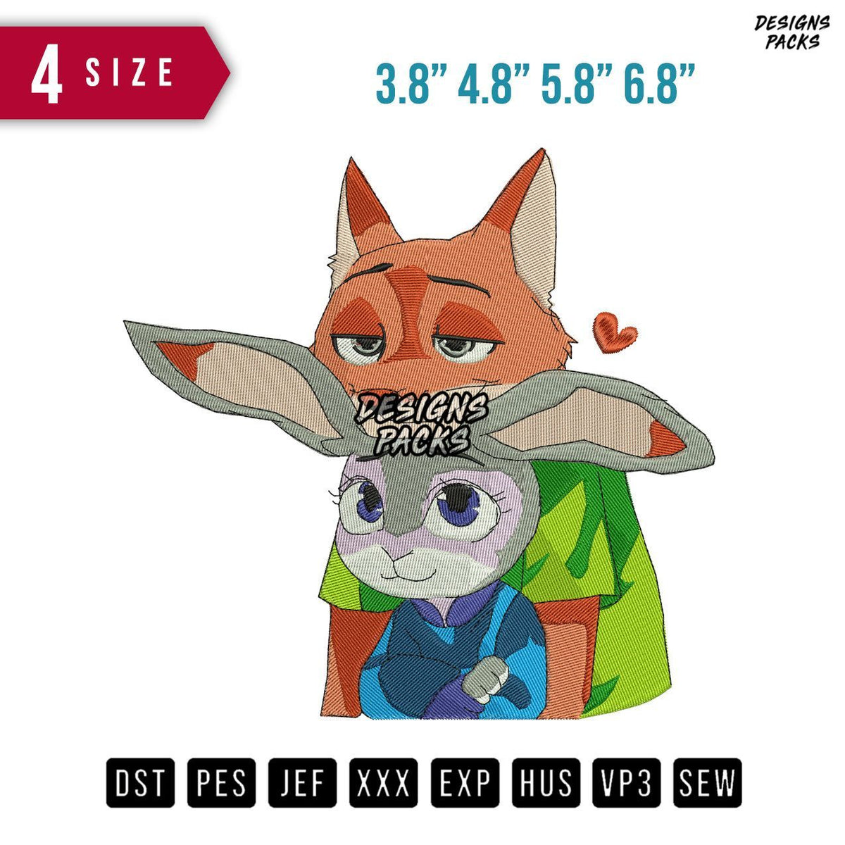 Fox And Rabbit Love Embroidery Design