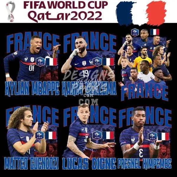 France FIFA World Cup Qatar 2022 soccer players in blue jerseys with team flags and names