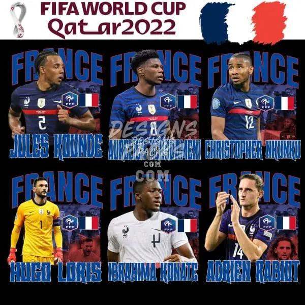 France FIFA World Cup Qatar 2022 soccer players in team jerseys with names and numbers