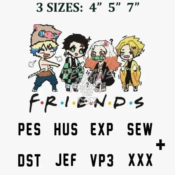 Chibi anime characters with 'FRIENDS' logo, embroidery file formats PES, DST, JEF, VP3 for instant download