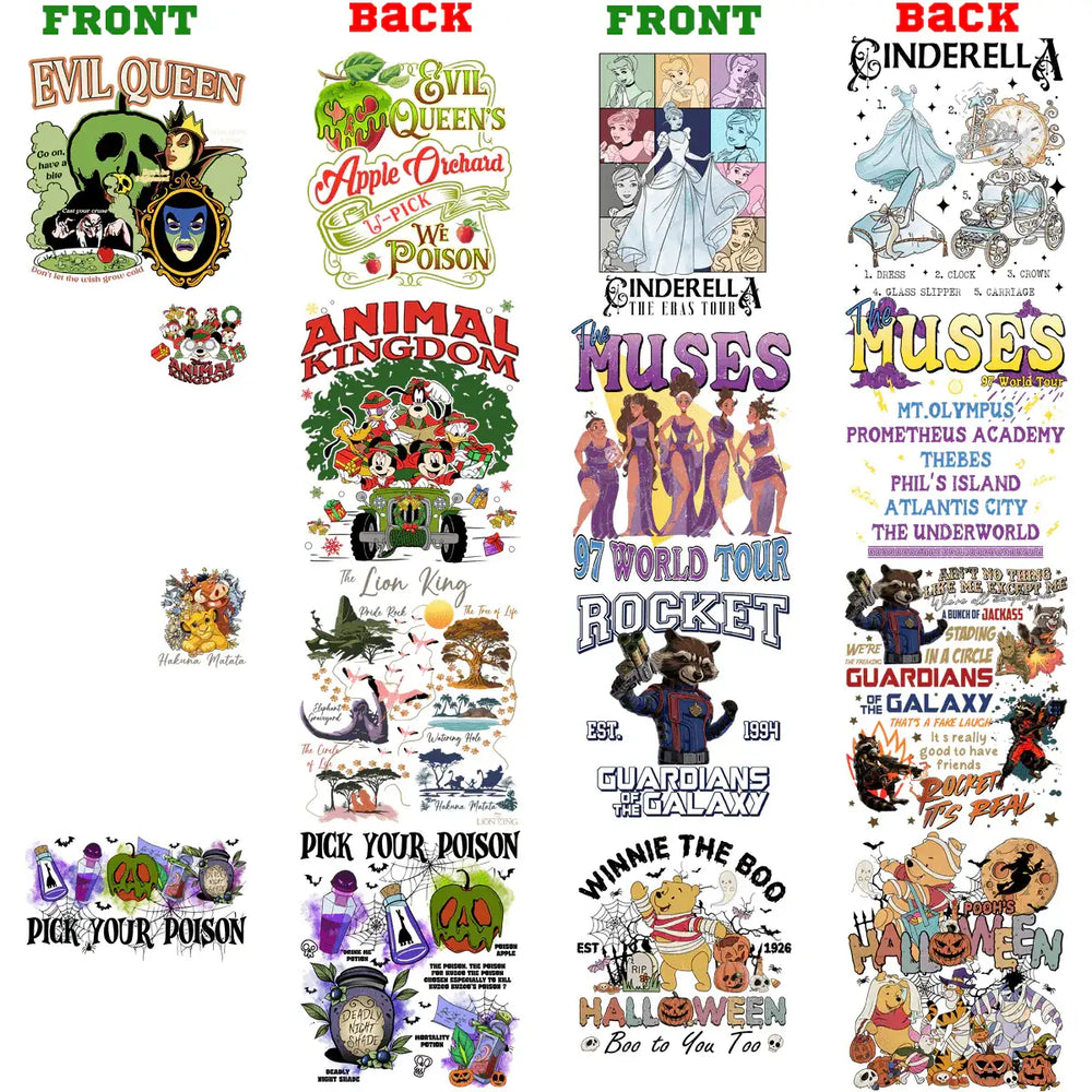 Disney-themed DTF/DTG designs: Evil Queen, Cinderella, Guardians of Galaxy, Winnie the Pooh Halloween, Animal Kingdom, Lion King, Muses, Rocket. Print-ready PNG, SVG, PES. Instant download.