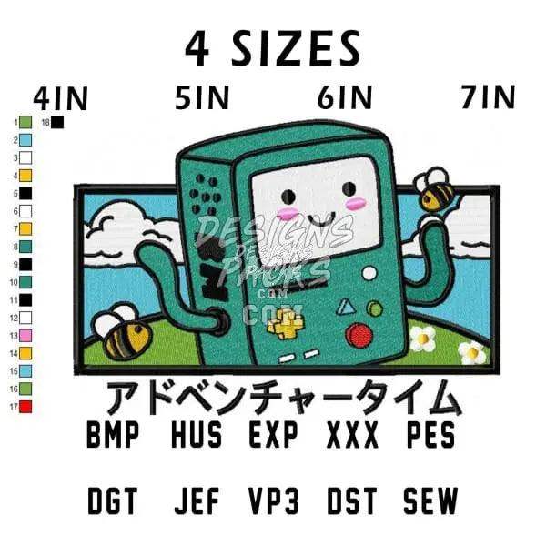 Adventure Time BMO embroidery design in 4 sizes, Japanese text, compatible formats listed