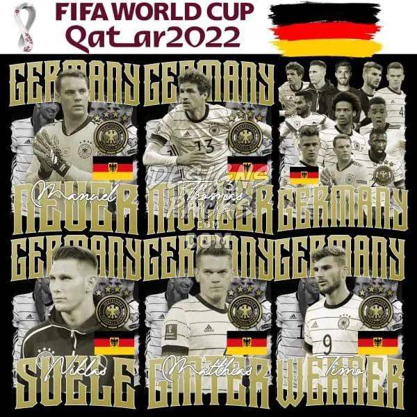 Germany FIFA World Cup Qatar 2022 soccer players collage with team flags and names