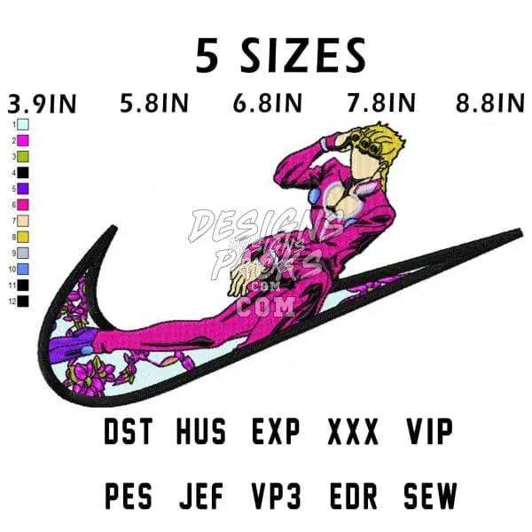 Embroidery design of anime character in pink suit on swoosh, 5 sizes, PES DST EXP formats