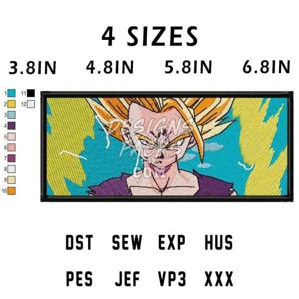 Dragon Ball Z embroidery design in 4 sizes, available in DST, PES, and other formats for instant download.