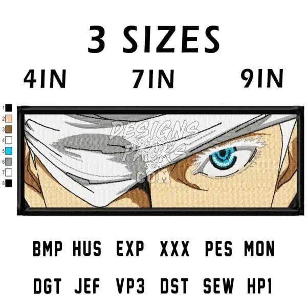 Anime eye embroidery design in 3 sizes (4in, 7in, 9in) with PES, DST, SVG formats for instant download