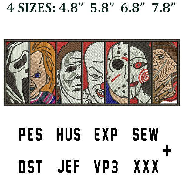 Halloween horror movie character embroidery designs in 4 sizes, PES HUS EXP SEW DST JEF VP3 XXX formats