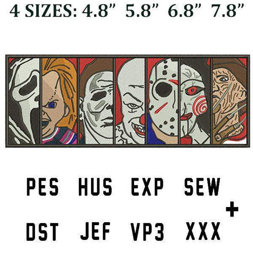 Halloween horror movie character embroidery designs in 4 sizes, PES HUS EXP SEW DST JEF VP3 XXX formats