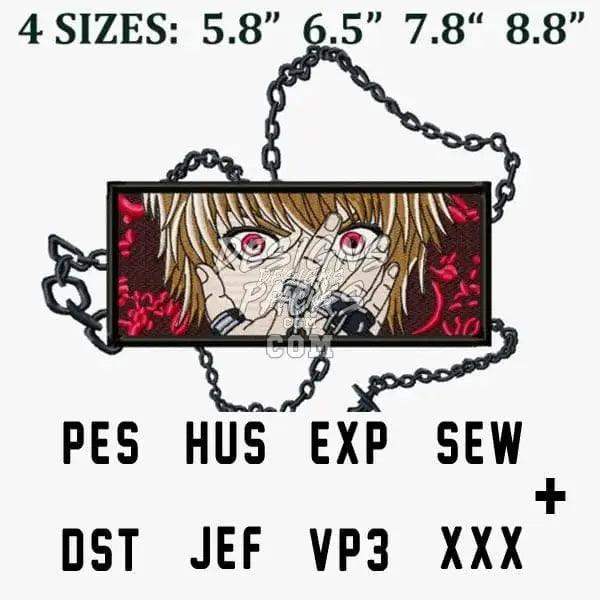 Anime-style embroidery design with chain detail, available in 4 sizes and multiple file formats including PES, DST, JEF