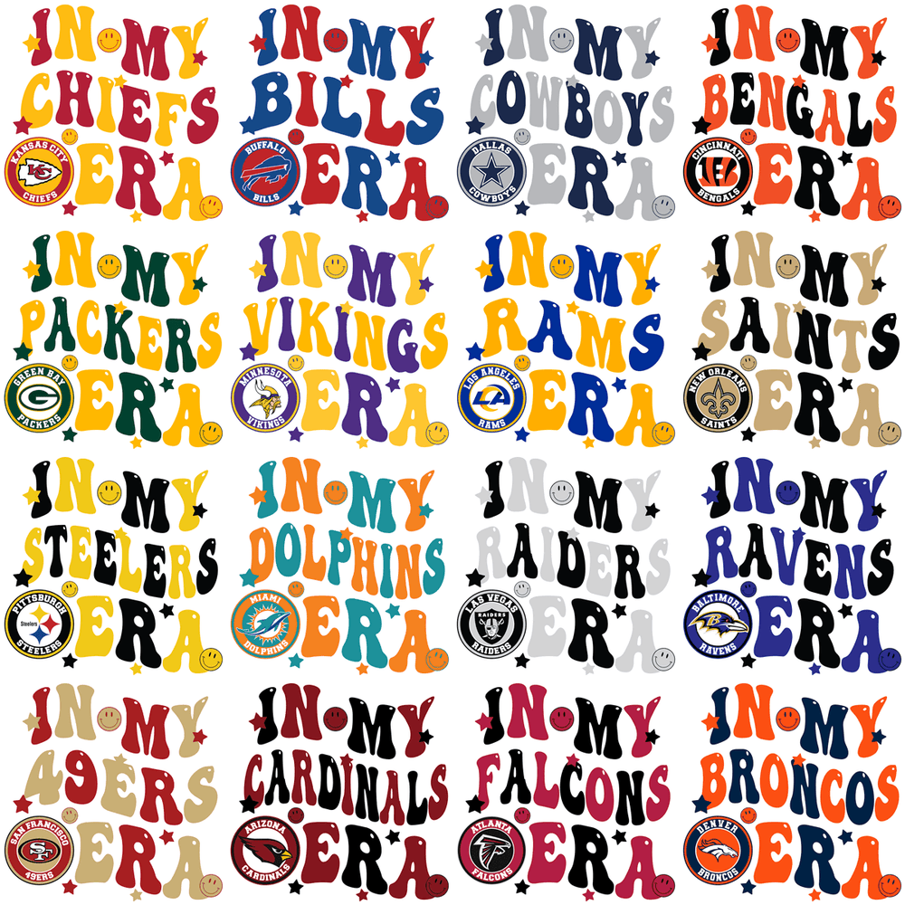 NFL team designs for DTF/DTG, embroidery, and tumbler wraps with colorful 'In My Era' text and logos.