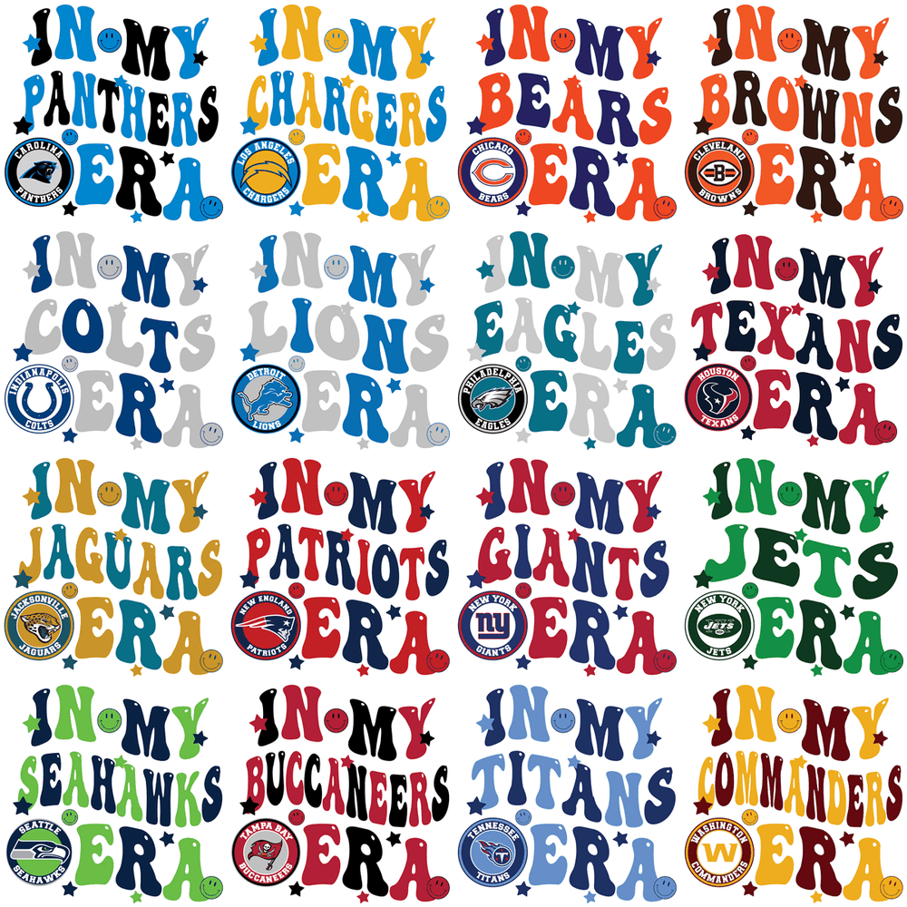NFL team designs with 'In My Era' text, smiley faces, stars, and team logos for DTF, DTG, embroidery
