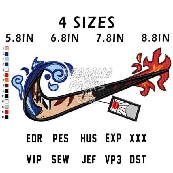 Embroidery design of flaming sword with blue swirls, 4 sizes, PES EDR HUS formats