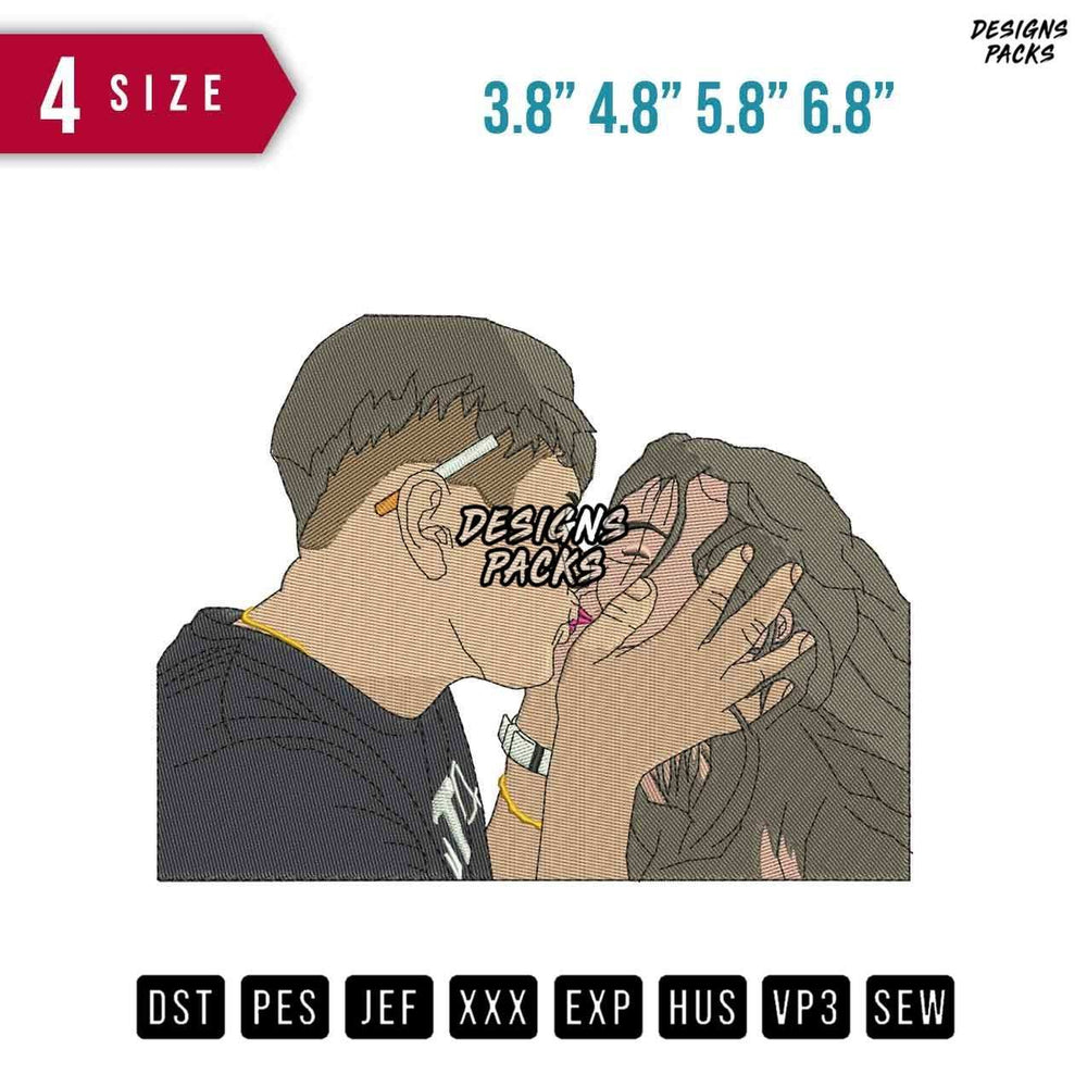 Kissing Couple Cigarette Embroidery Design
