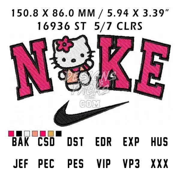 Hello Kitty in pink Nike-style lettering embroidery design, 5/7 colors, print-ready PES DST formats