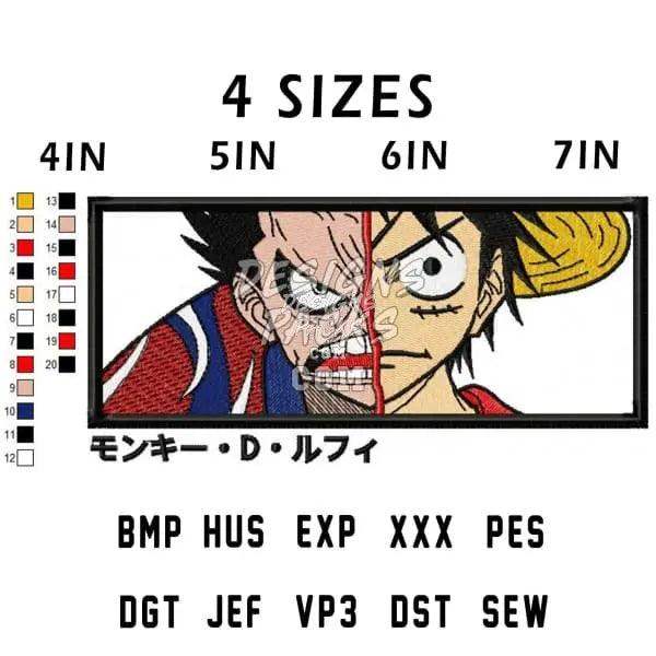 One Piece Monkey D. Luffy embroidery design in 4 sizes, compatible with PES, DST, and other formats