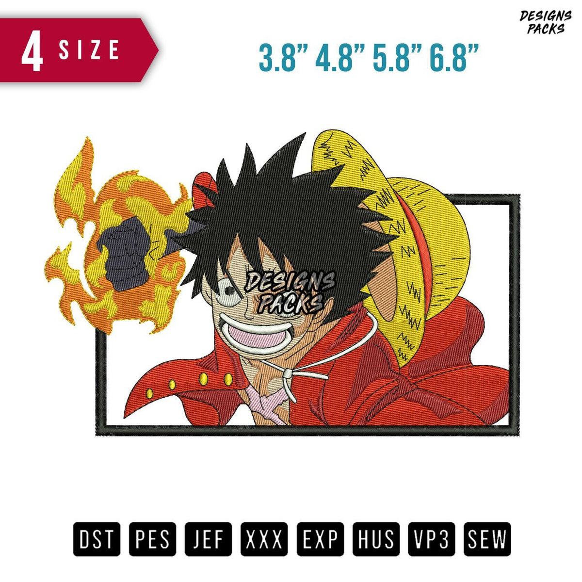 Luffy Fire Embroidery Design