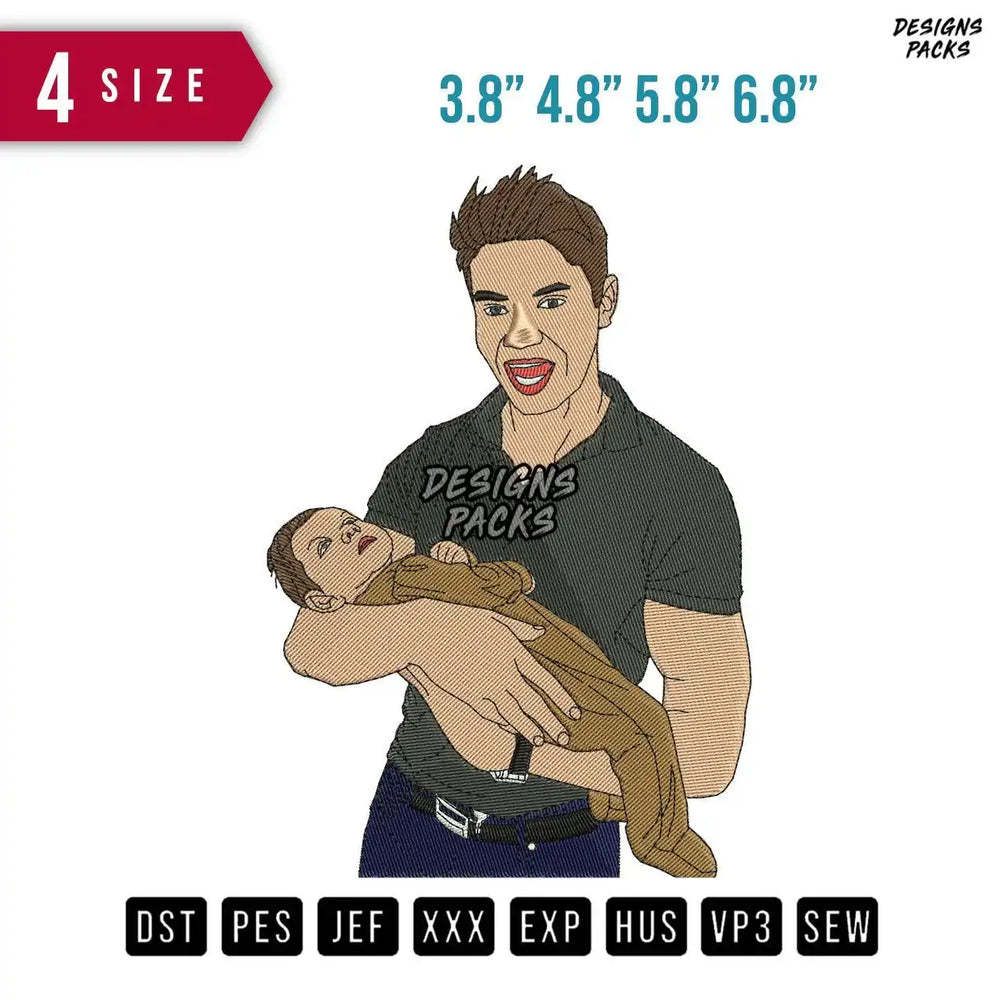 Man Carry baby Embroidery Design