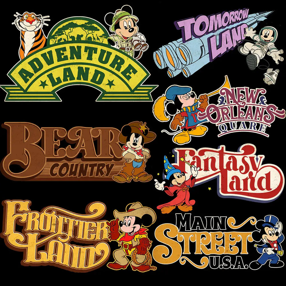 Mickey Mouse in Disney park-themed designs for DTF/DTG, embroidery, and tumbler wraps