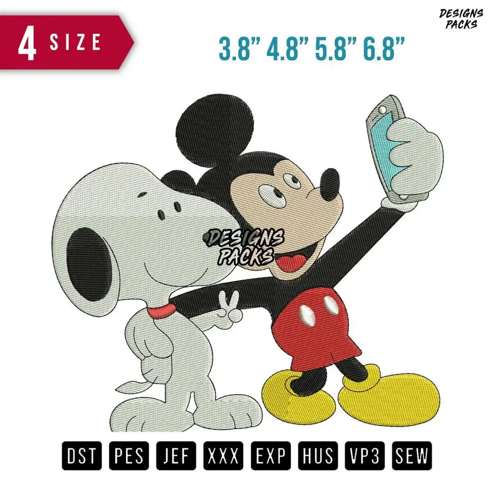 Mickey Snoopy Selfie Embroidery Design